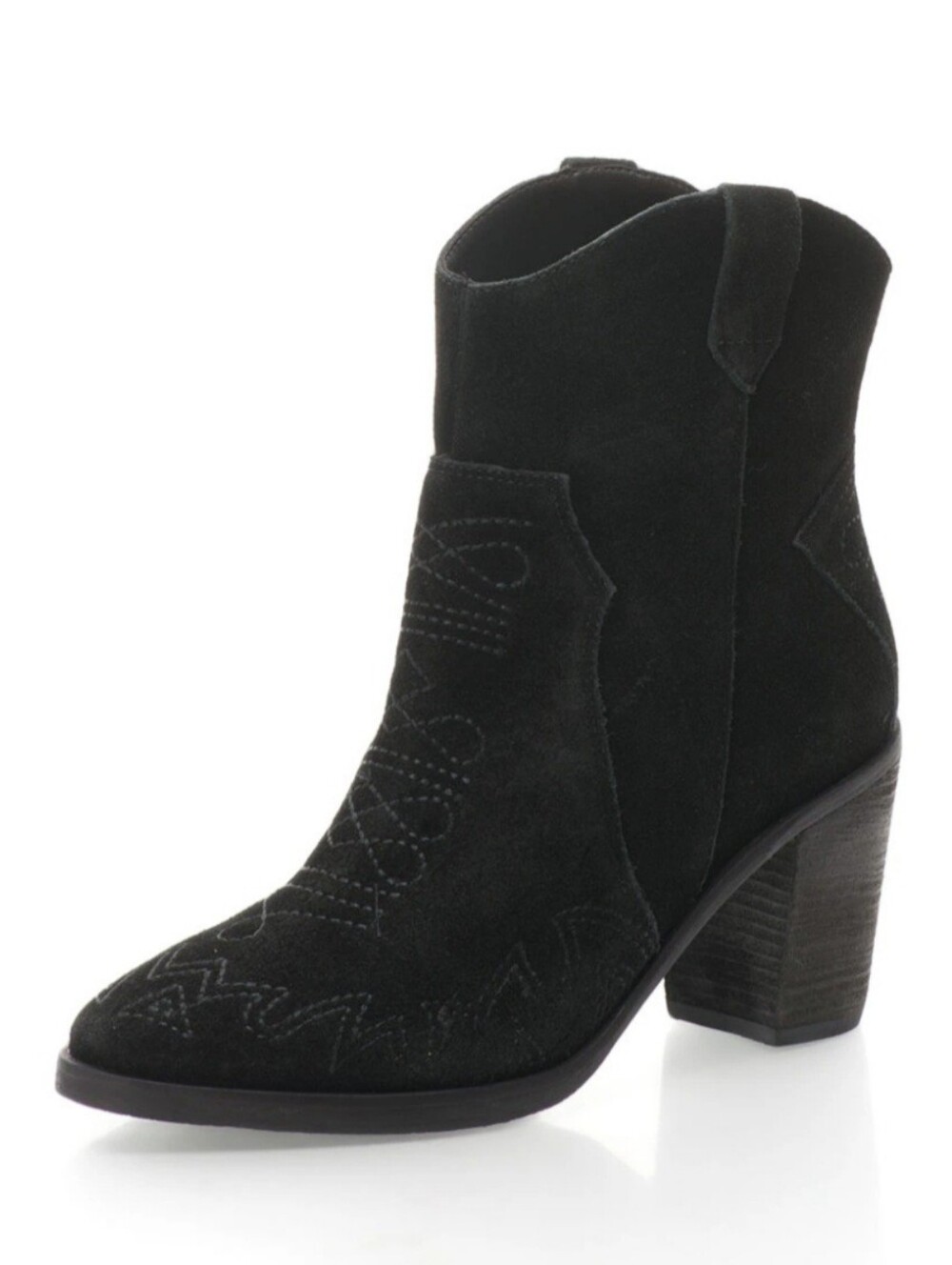 Schutz Black Suede Western Ankle Booties Stitched Pointed Toe Block Heel 38/7.5